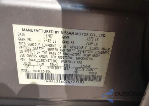 2007 Nissan Altima 2.5/2.5S z USA, uszkodzony, nr VIN 1N4AL21E07N471103